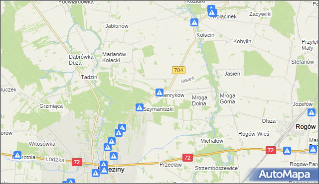 mapa Henryków gmina Brzeziny, Henryków gmina Brzeziny na mapie Targeo