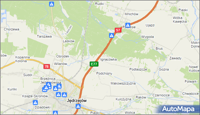 mapa Ignacówka gmina Jędrzejów, Ignacówka gmina Jędrzejów na mapie Targeo