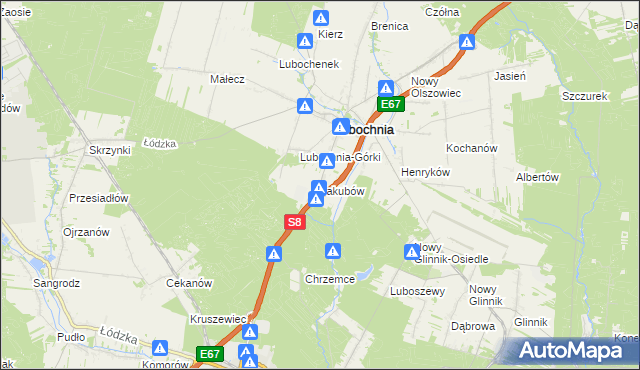 mapa Jakubów gmina Lubochnia, Jakubów gmina Lubochnia na mapie Targeo