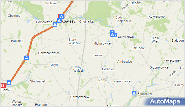 mapa Janów gmina Kowiesy, Janów gmina Kowiesy na mapie Targeo