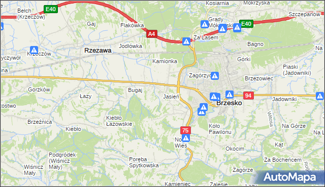 mapa Jasień gmina Brzesko, Jasień gmina Brzesko na mapie Targeo