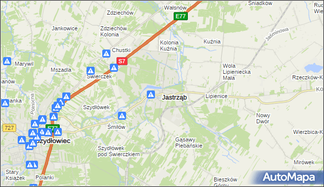 mapa Jastrząb powiat szydłowiecki, Jastrząb powiat szydłowiecki na mapie Targeo