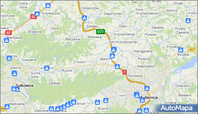 mapa Jawornik gmina Myślenice, Jawornik gmina Myślenice na mapie Targeo