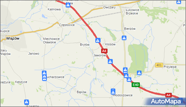 mapa Jaworów gmina Wiązów, Jaworów gmina Wiązów na mapie Targeo