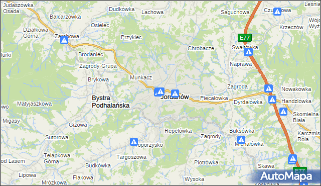 mapa Jordanów powiat suski, Jordanów powiat suski na mapie Targeo
