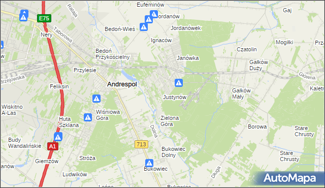 mapa Justynów gmina Andrespol, Justynów gmina Andrespol na mapie Targeo