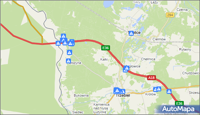 mapa Kałki gmina Trzebiel, Kałki gmina Trzebiel na mapie Targeo