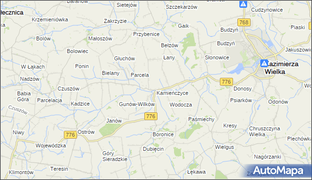 mapa Kamieńczyce gmina Kazimierza Wielka, Kamieńczyce gmina Kazimierza Wielka na mapie Targeo