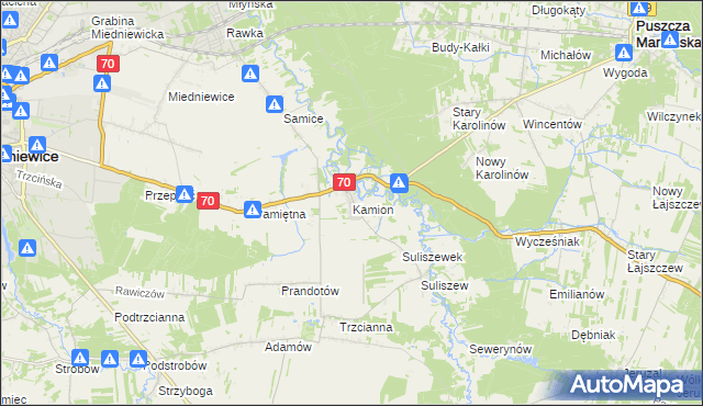 mapa Kamion gmina Puszcza Mariańska, Kamion gmina Puszcza Mariańska na mapie Targeo