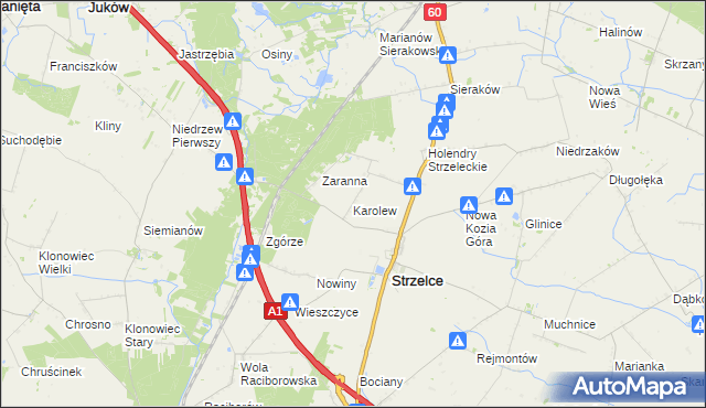 mapa Karolew gmina Strzelce, Karolew gmina Strzelce na mapie Targeo