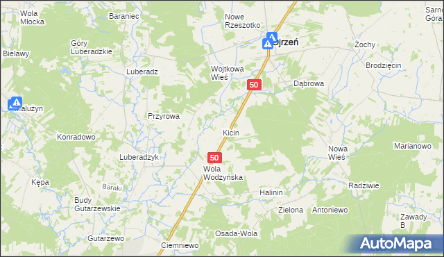 mapa Kicin gmina Ojrzeń, Kicin gmina Ojrzeń na mapie Targeo