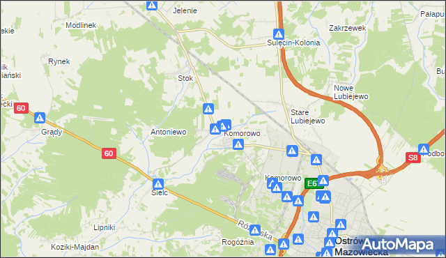 mapa Komorowo gmina Ostrów Mazowiecka, Komorowo gmina Ostrów Mazowiecka na mapie Targeo