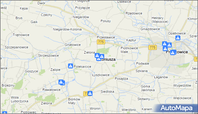 mapa Koniusza powiat proszowicki, Koniusza powiat proszowicki na mapie Targeo