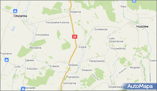 mapa Kopce gmina Huszlew, Kopce gmina Huszlew na mapie Targeo
