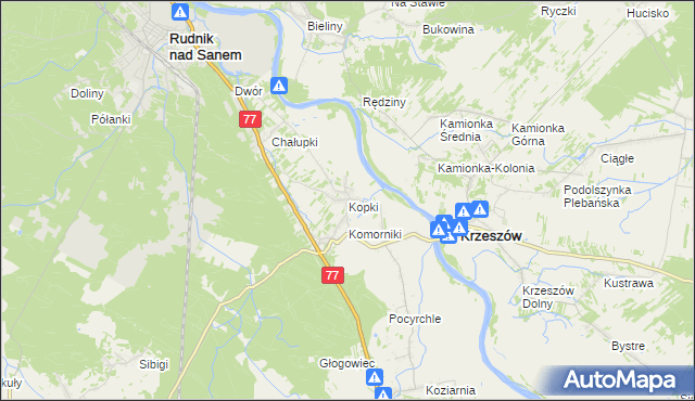 mapa Kopki gmina Rudnik nad Sanem, Kopki gmina Rudnik nad Sanem na mapie Targeo