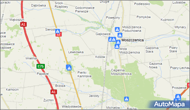 mapa Kosów gmina Moszczenica, Kosów gmina Moszczenica na mapie Targeo