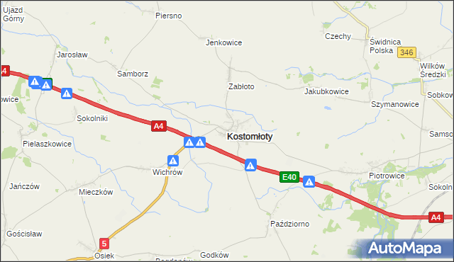 mapa Kostomłoty powiat średzki, Kostomłoty powiat średzki na mapie Targeo
