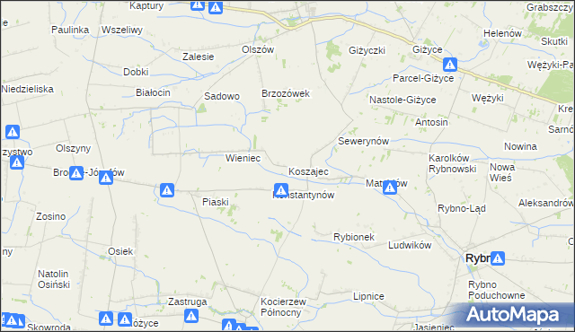 mapa Koszajec gmina Rybno, Koszajec gmina Rybno na mapie Targeo