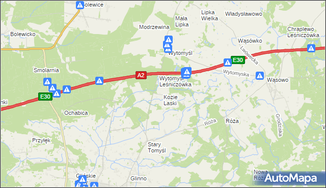 mapa Kozie Laski gmina Nowy Tomyśl, Kozie Laski gmina Nowy Tomyśl na mapie Targeo