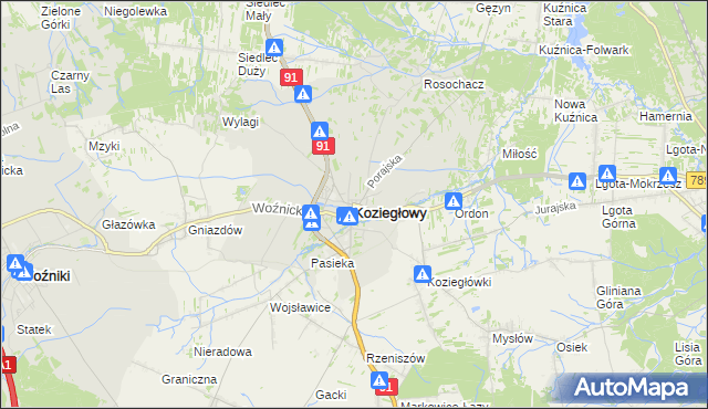 mapa Koziegłowy powiat myszkowski, Koziegłowy powiat myszkowski na mapie Targeo