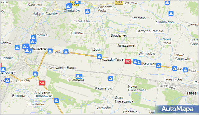 mapa Kożuszki-Parcel, Kożuszki-Parcel na mapie Targeo