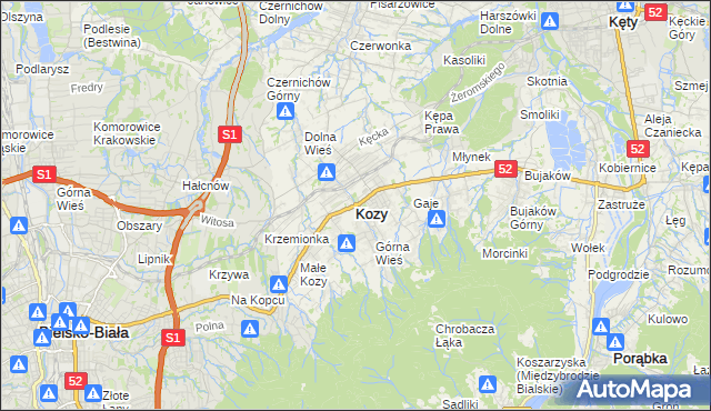 mapa Kozy powiat bielski, Kozy powiat bielski na mapie Targeo