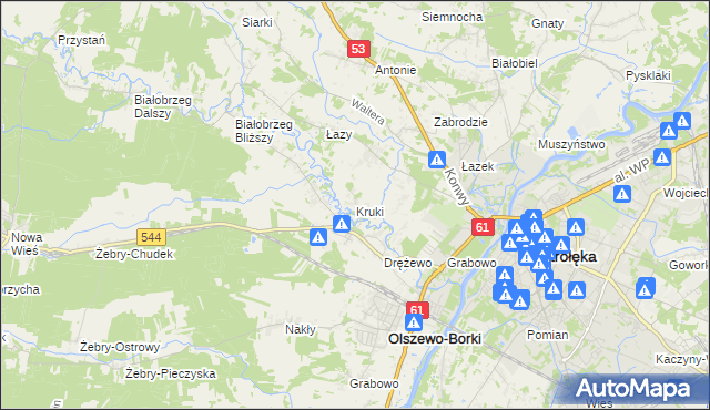 mapa Kruki gmina Olszewo-Borki, Kruki gmina Olszewo-Borki na mapie Targeo