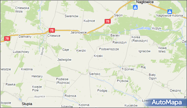 mapa Krzaki gmina Słupia, Krzaki gmina Słupia na mapie Targeo