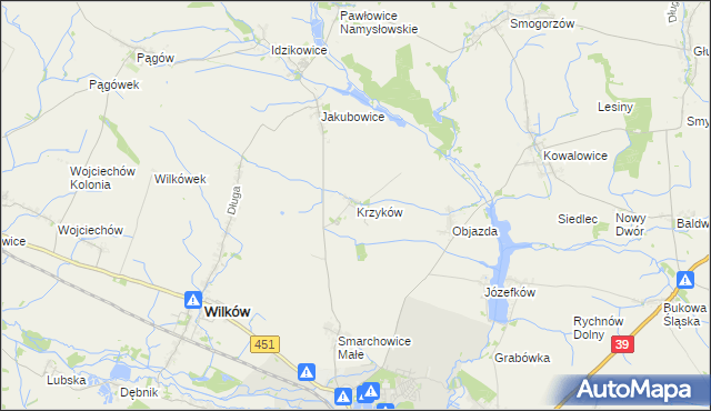 mapa Krzyków gmina Wilków, Krzyków gmina Wilków na mapie Targeo