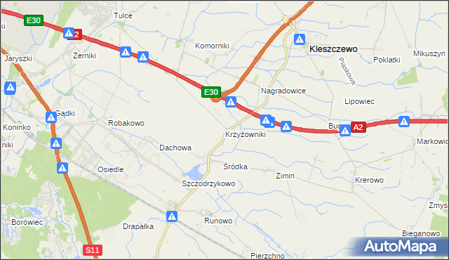 mapa Krzyżowniki gmina Kleszczewo, Krzyżowniki gmina Kleszczewo na mapie Targeo