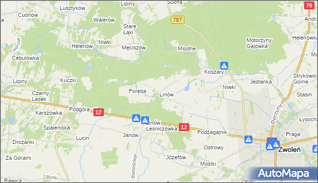 mapa Linów gmina Zwoleń, Linów gmina Zwoleń na mapie Targeo