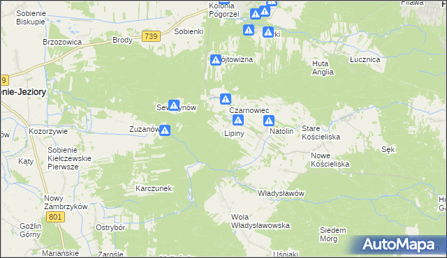 mapa Lipiny gmina Osieck, Lipiny gmina Osieck na mapie Targeo