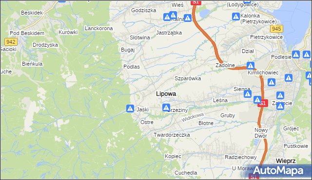 mapa Lipowa powiat żywiecki, Lipowa powiat żywiecki na mapie Targeo