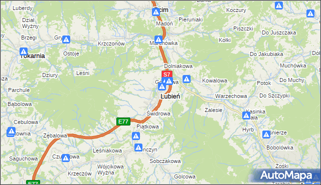 mapa Lubień powiat myślenicki, Lubień powiat myślenicki na mapie Targeo