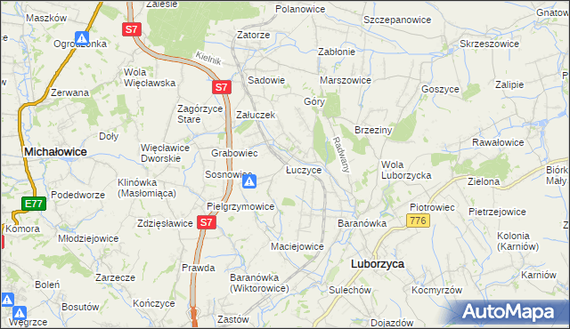 mapa Łuczyce gmina Kocmyrzów-Luborzyca, Łuczyce gmina Kocmyrzów-Luborzyca na mapie Targeo