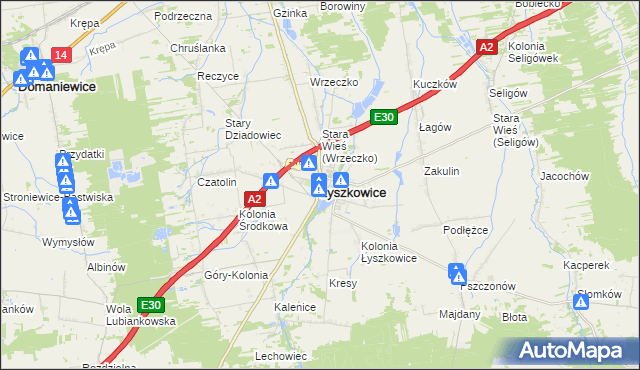 mapa Łyszkowice powiat łowicki, Łyszkowice powiat łowicki na mapie Targeo