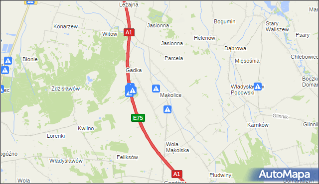 mapa Mąkolice gmina Głowno, Mąkolice gmina Głowno na mapie Targeo