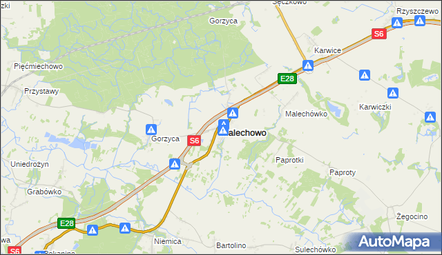 mapa Malechowo powiat sławieński, Malechowo powiat sławieński na mapie Targeo