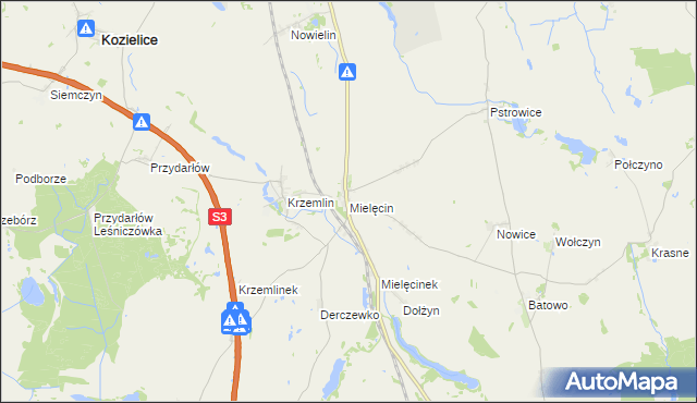 mapa Mielęcin gmina Pyrzyce, Mielęcin gmina Pyrzyce na mapie Targeo