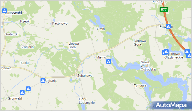 mapa Mielno gmina Grunwald, Mielno gmina Grunwald na mapie Targeo
