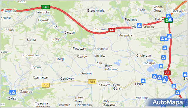mapa Mników gmina Liszki, Mników gmina Liszki na mapie Targeo