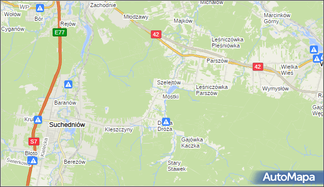 mapa Mostki gmina Suchedniów, Mostki gmina Suchedniów na mapie Targeo