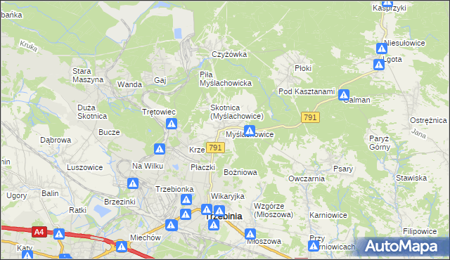 mapa Myślachowice, Myślachowice na mapie Targeo