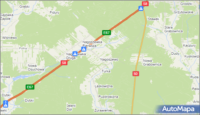 mapa Nagoszewo gmina Ostrów Mazowiecka, Nagoszewo gmina Ostrów Mazowiecka na mapie Targeo