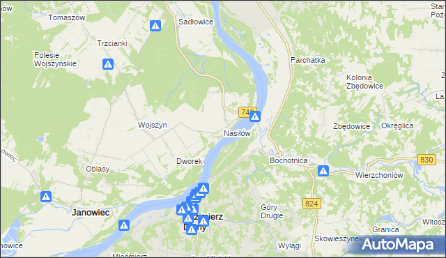 mapa Nasiłów gmina Janowiec, Nasiłów gmina Janowiec na mapie Targeo