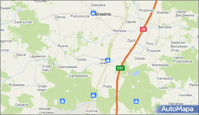 mapa Nowa Wieś gmina Brzeźnio, Nowa Wieś gmina Brzeźnio na mapie Targeo