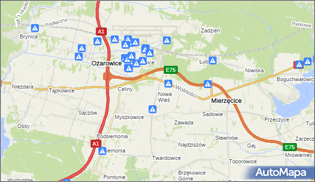 mapa Nowa Wieś gmina Mierzęcice, Nowa Wieś gmina Mierzęcice na mapie Targeo