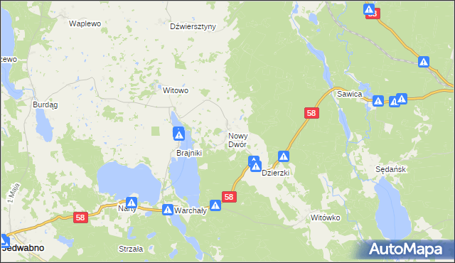 mapa Nowy Dwór gmina Jedwabno, Nowy Dwór gmina Jedwabno na mapie Targeo