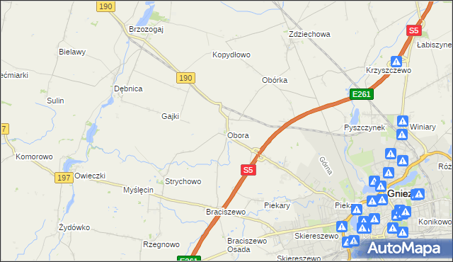 mapa Obora gmina Gniezno, Obora gmina Gniezno na mapie Targeo