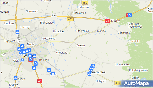 mapa Olewin gmina Wieluń, Olewin gmina Wieluń na mapie Targeo